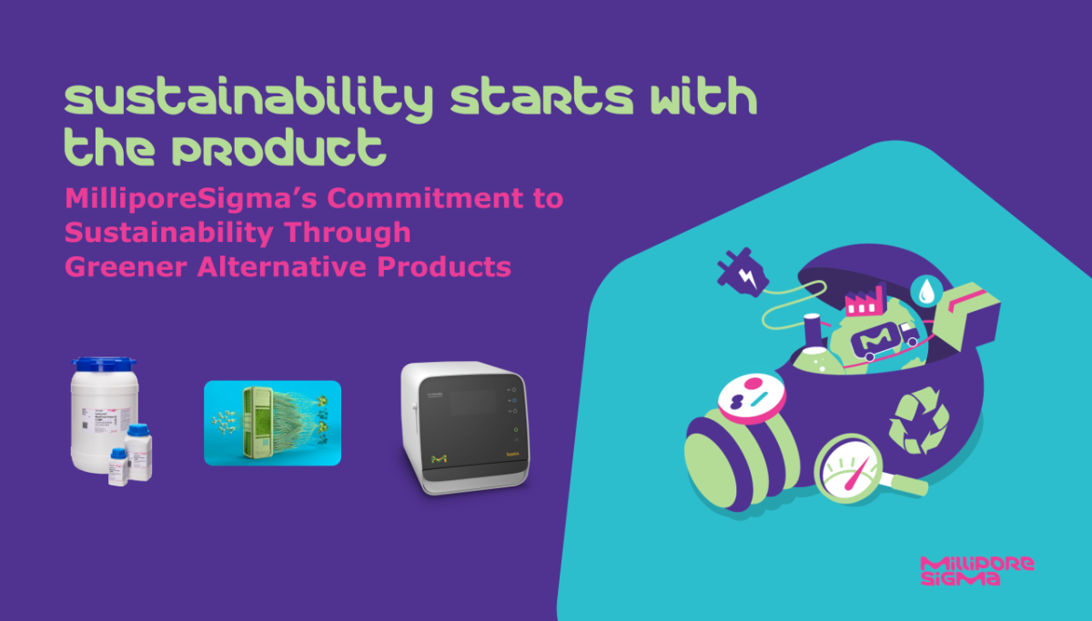Text reads "Sustainability Starts with the Product: MilliporeSigma’s Commitment to Sustainability Through Greener Alternative Products," accompanied by three product images.