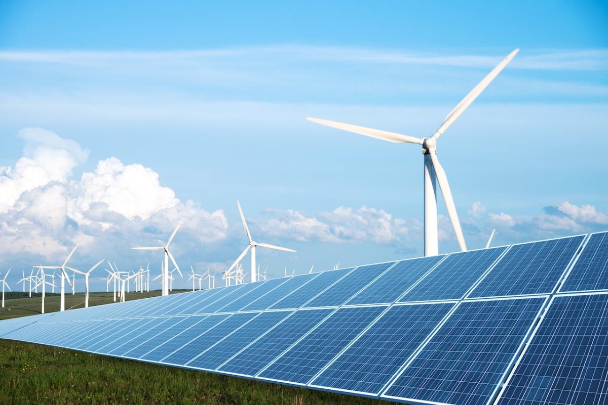 Solar panel array and windmills.