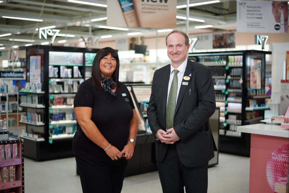 Pictured are Kay Strong, a Boots Macmillan Beauty Advisor, and Graham Pickup, a Boots Macmillan Information Pharmacist.