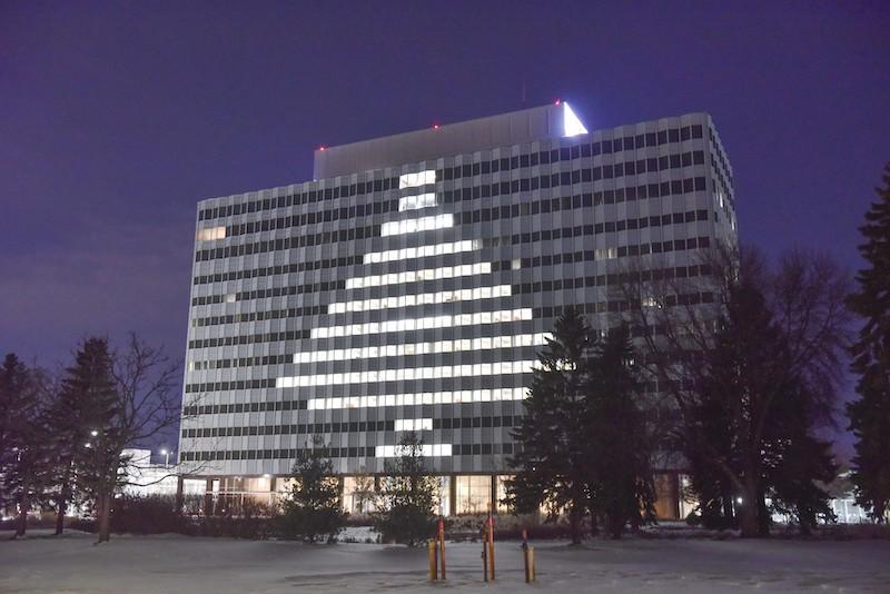 3M building in St. Paul, MN lit up like a Christmas tree.
