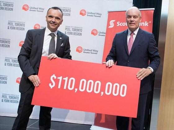 Daniele Zanotti (left), president and CEO of United Way Greater Toronto, and campaign chair Brian Porter, president and CEO of Scotiabank, announce the fundraising target for United Way's 2018 campaign of $110 million. - United Way Greater Toronto/photo