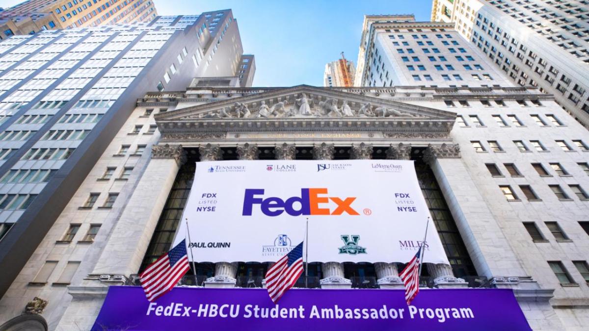 A building with a FedEx banner on the front