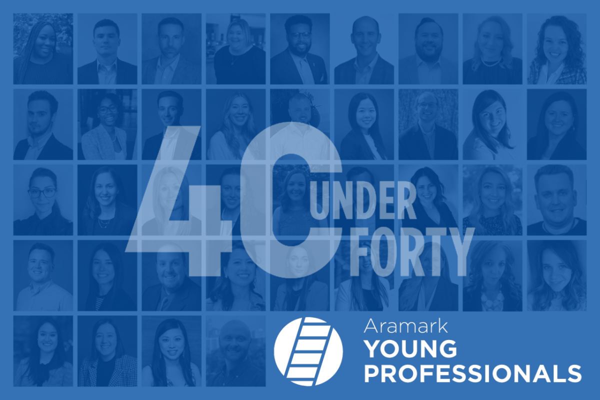 Headshot lockup of 40 award winners with a blue overlay. On top of the headshots is text reading, “40 under 40”. Aramark Young Professionals logo is at the bottom right corner.