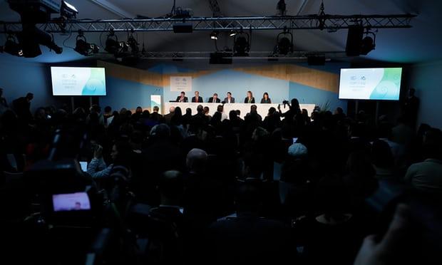 White House officials and business leaders appear at the event, titled The Role of Cleaner and More Efficient Fossil Fuels and Nuclear Power in Climate Mitigation. Photograph: Ronald Wittek/EPA