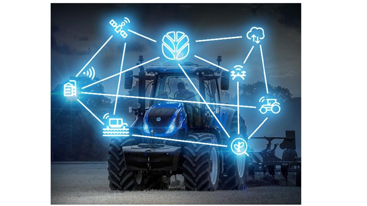 Tractor image with digital overlay displaying smart farm icons