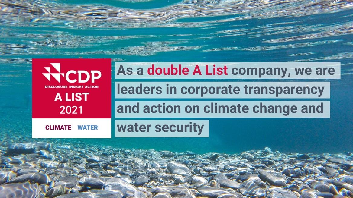 CDP A List 2021 logo and the words, "As a double A list company, we are leaders in corporate transparency and action on climate change and water security."