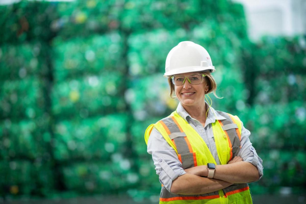 women in a construction helmet