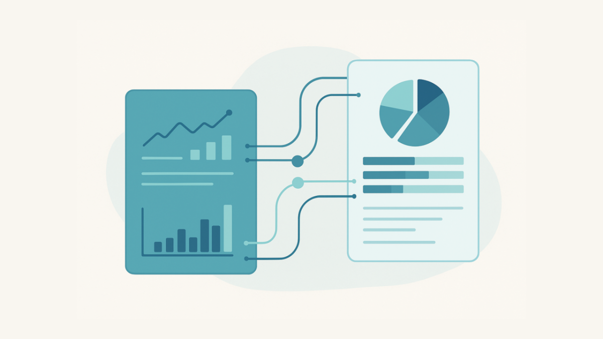 Abstract illustration representing ESG data integration between two analytics platforms with connected data panels in blue and green tones.