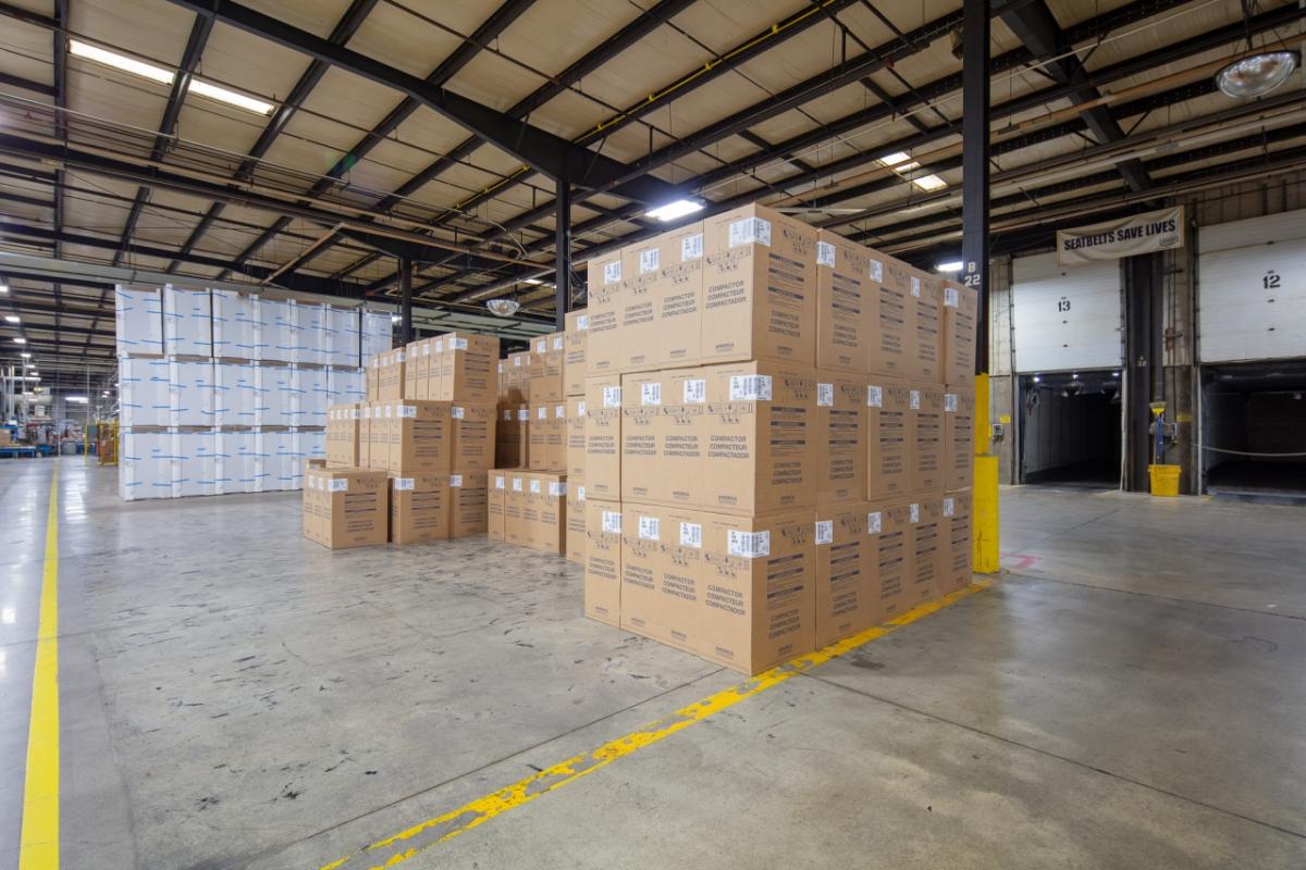 Products sit on a loading dock in a Whirlpool Corporation factory distribution center in Ottawa, Ohio.