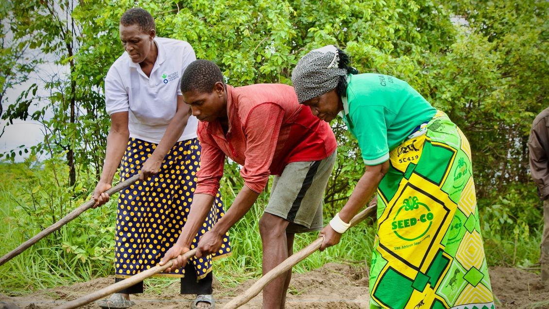 Clare (right), 72, a farmer in Zambia planting drought-resistant crops in an effort to fight climate change
