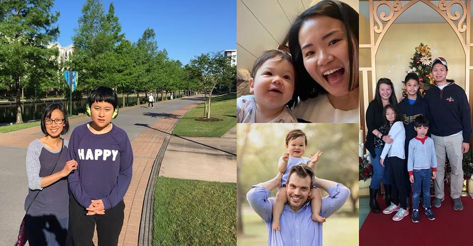 A collage of four photos of adults and kids.