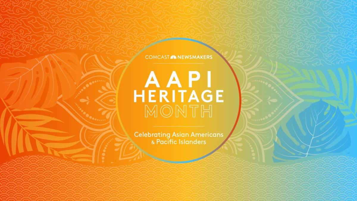 AAPI Heritage Month logo over a colorful background.