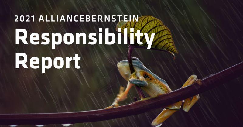 2021 AllianceBernstein Responsibility Report. A frog on a branch holding a leaf like an umbrella in the rain