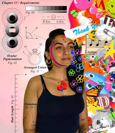 artistic collage with Aaryanna central and clips of graphs, measurements on the left, colorful shapes, characters, music notes on the right