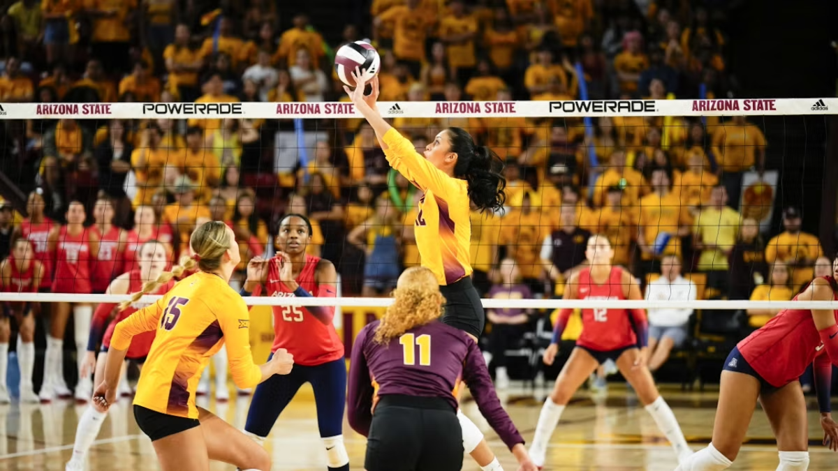 Argentina Ung sets the ball during a matchup against the University of Arizona in Desert Financial Arena on Oct. 9, 2024. Photo courtesy of ASU Knowledge Enterprise Argentina Ung sets the ball during a matchup against the University of Arizona in Desert Financial Arena on Oct. 9, 2024. Photo courtesy of ASU Knowledge Enterprise