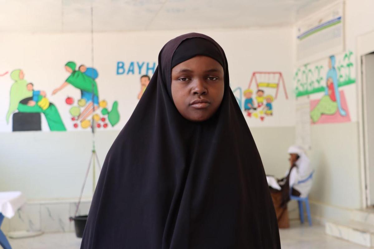 Abay at the malnutrition screening area of Bayhaaw Stabilization Center