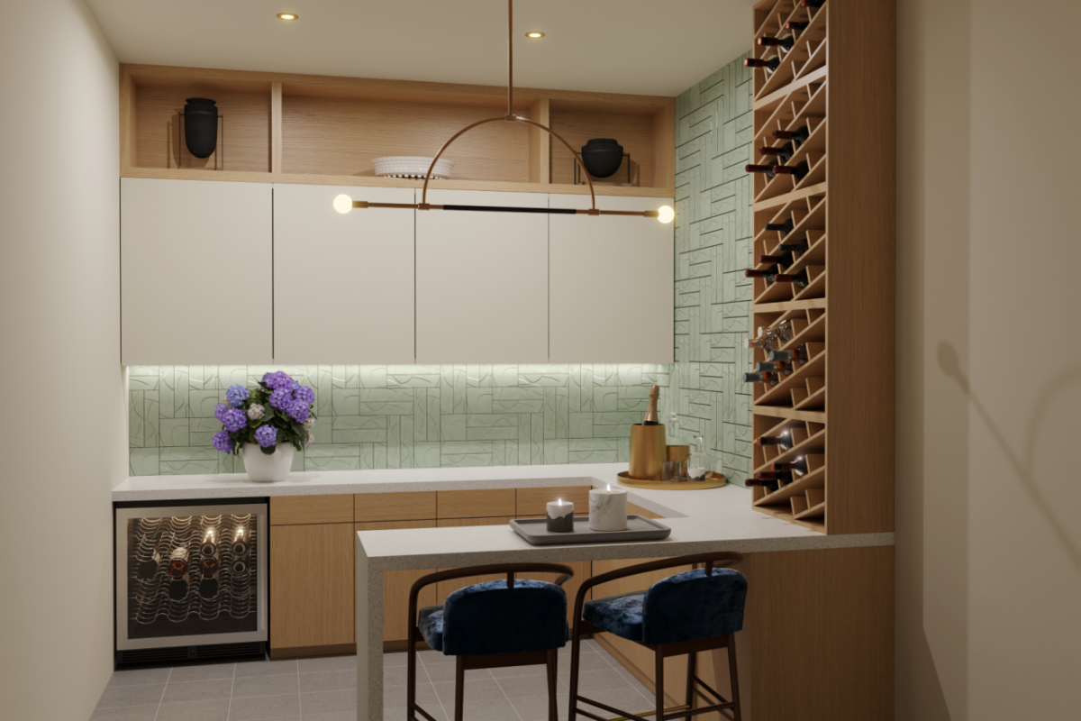 A staged room with wine cooler, bar, two chairs at a peninsula and wine storage on the right wall.