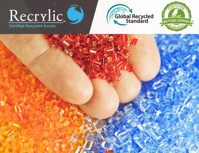 Recrylic and SCS Global Services logos over an image of a hand holding colorful, translucent beads of acrylic material