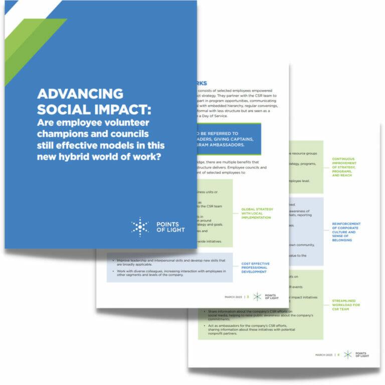 Join Points of Light's upcoming webinar: How Employee Champions Drive and Scale Social Impact Success, March 23, 2023, from 1:00 – 2:00 p.m. ET. Advancing Social Impact White Paper Graphics