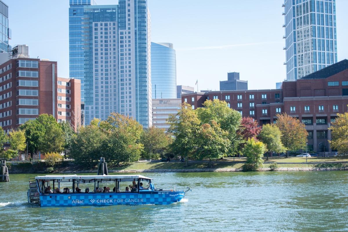Boston Duck Tour on the Charles with Aflac checked for cancer.