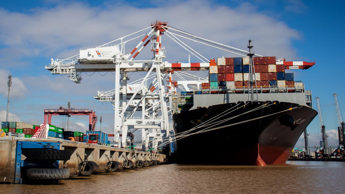 Container ship docked at Terminales Río de la Plata in Buenos Aires, where DP World supports inclusive port operations.