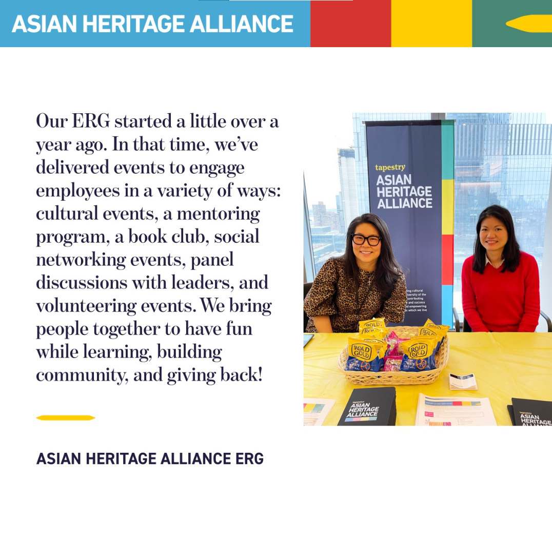 Two people seated at a table. A banner nehind them "Tapestry Asian Heritage Alliance."