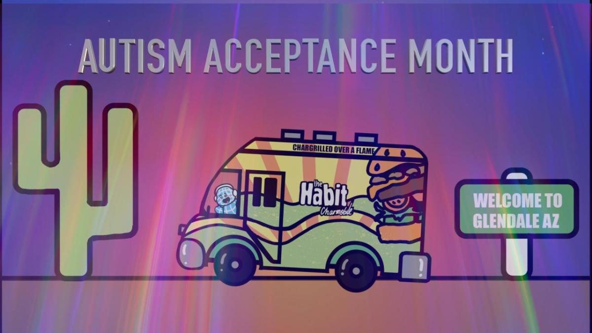 Illustration of a van with text above that reads "Autism acceptance month"