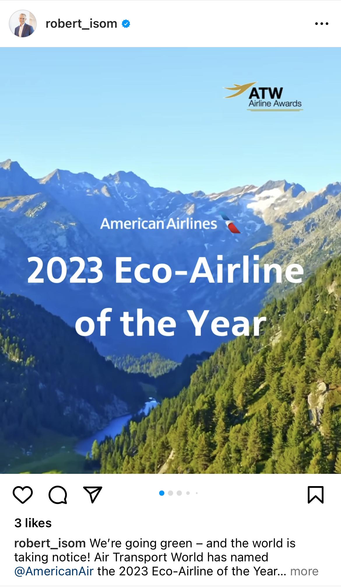 screengrab of a twitter post from robert_isom. Image is of forested mountains and American Airlines logo with 2023 Eco-Airline of the year.