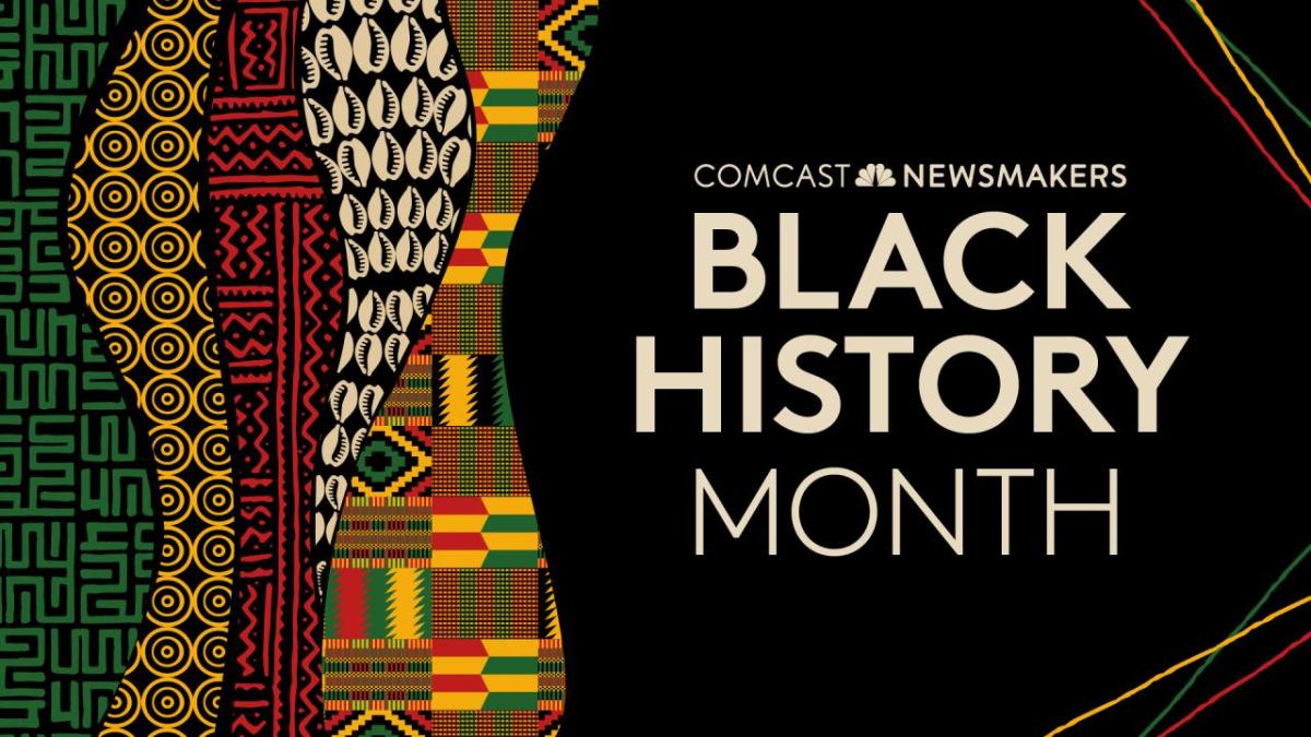 Comcast Newsmakers Black History Month on the right. African print waved-stripes on the left.