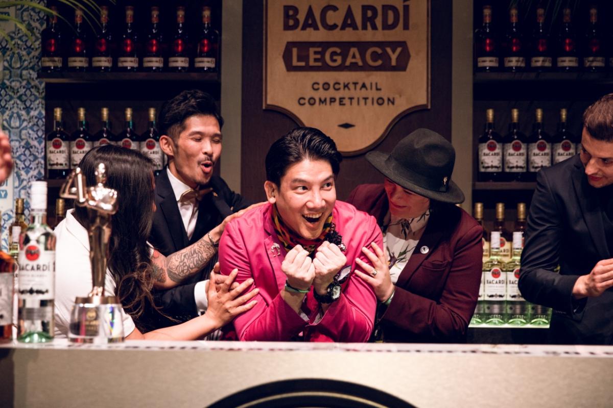 2019 BACARDÍ Legacy Global Champion Ronnaporn Kanivichaporn is congratulated by Top 8 finalists (l-r) Chantelle Gabino; Hiroyasu Okanuma and Chelsea Bailey.