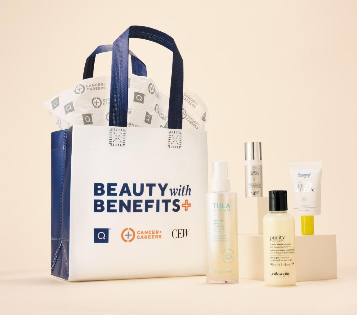 The Beauty with Benefits Gift with Purchase bag is pictured, along with four products from TULA, Sunday Riley, Supergoop! and philosophy. 