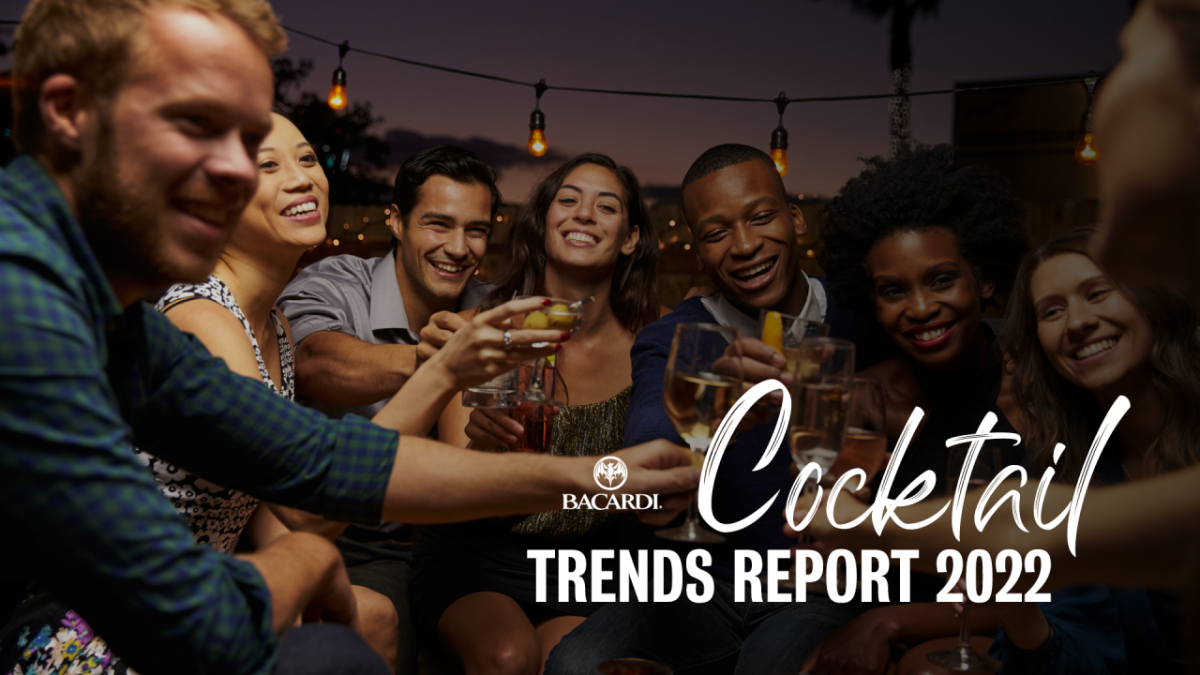 Bacardi Cocktail Trends Report 2022 cover showing a group of people raising their glasses