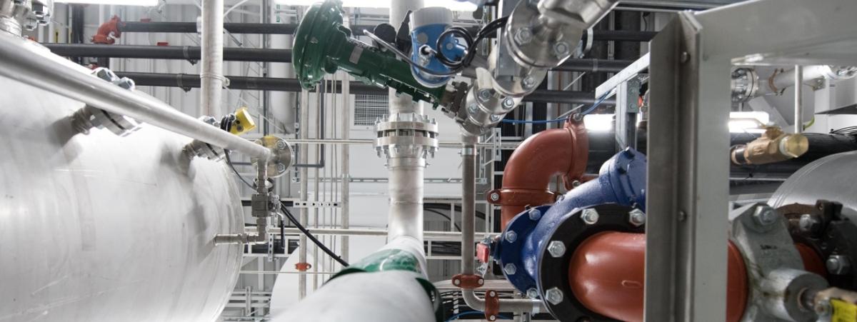 The Markham Power-to-Gas facility in Markham, ON produces clean hydrogen that's injected into the Enbridge Gas distribution network. complex network of pipes in an industrial facility
