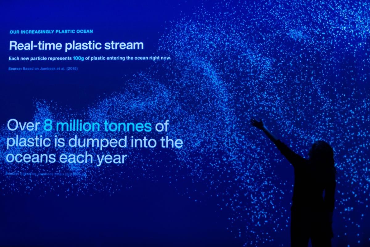 "Real-time plastic stream, Over 8 million tonnes of plastic is dumped into the oceans each year" with blue background