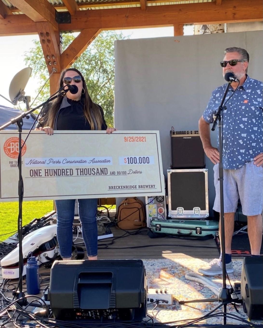 Breckenridge Brewery presents NPCA with a donation for $100,000.