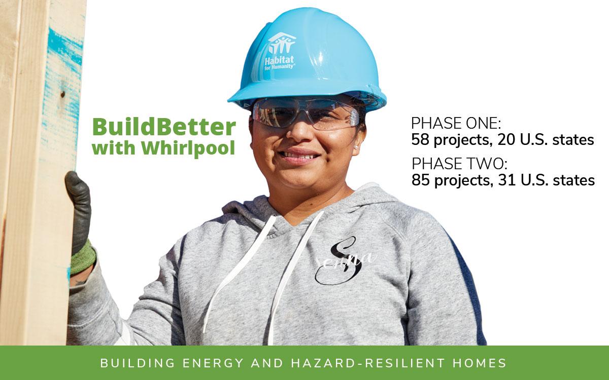 A person in a blue hard hat, protective eye ware and gloves holding a piece of lumber. "BuildBetter with Whirlpool" on the left. "Phase One: 58 projects, 20 US States Phase Two: 85 projects, 31 US states" on the right and "Building energy and hazard-resilient homes" on the bottom.
