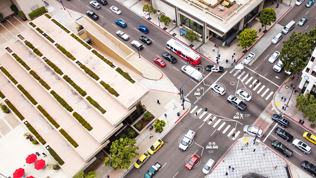 Overhead view of 4-way intersection in city