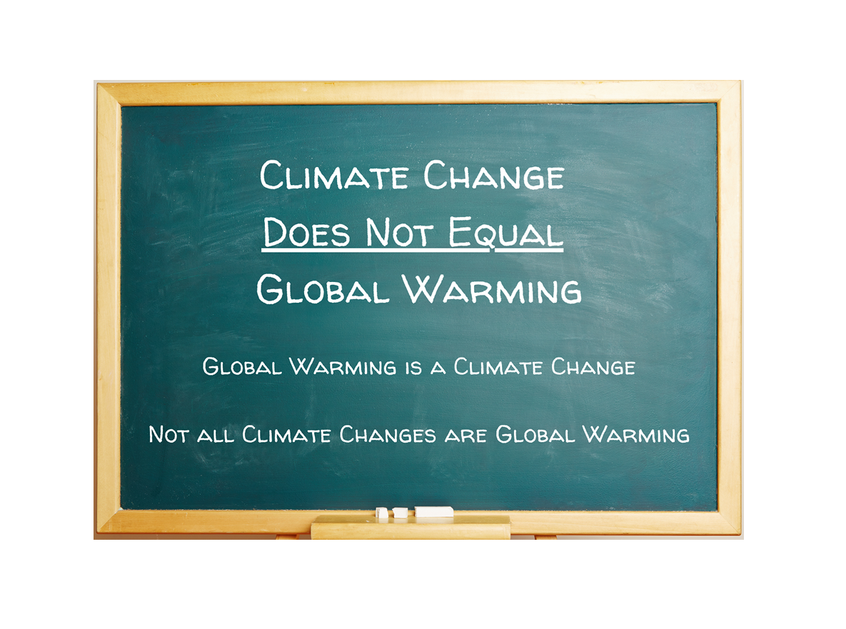 Chalkboard reading, "CLIMATE CHANGE DOES NOT EQUAL GLOBAL WARMING"
