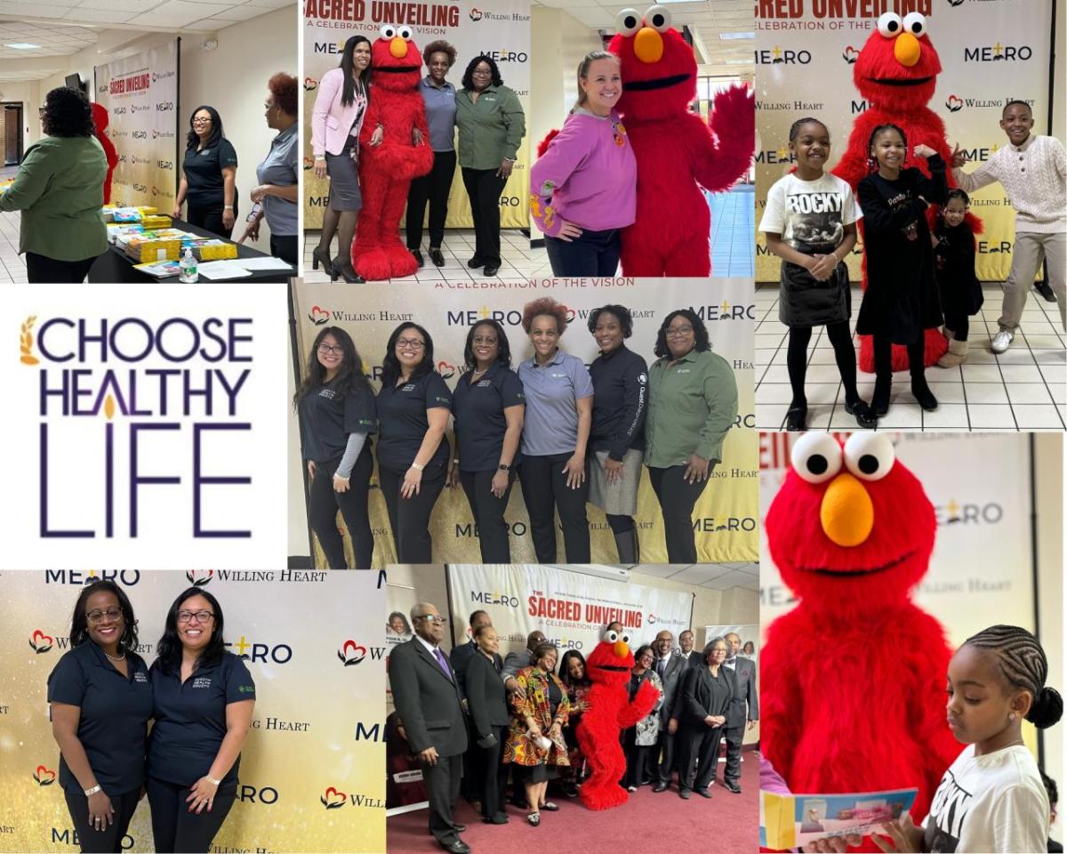 Collage of pictures from the Choose Healthy Life event, some featuring a person dressed as Elmo.