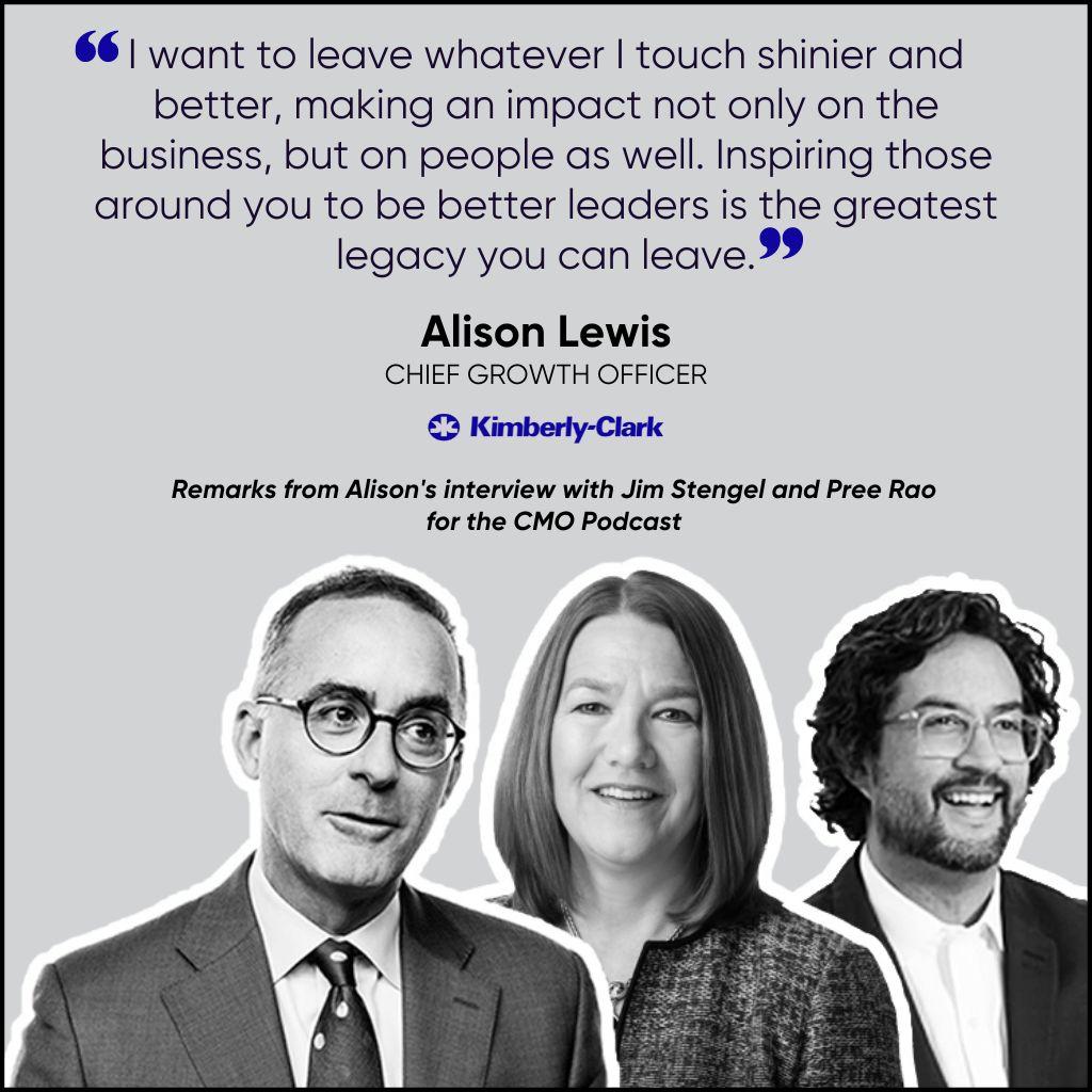 "I want to leave whatever I touch shinier and better, making an impact not only on the business, but on people as well. Inspiring those around you to be better leaders is the greatest legacy you can leave," Alison Lewis, Chief Growth Officer at Kimberly-Clark; with headshot of three people at the bottom of the image