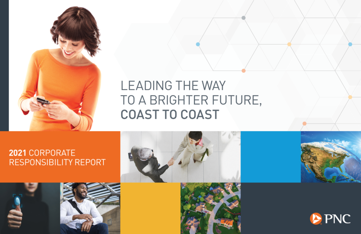 PNC's CR report cover "Leading the Way to a Brighter Future, Coast to Coast"