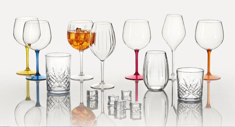 Glasses made from recycled polymers.