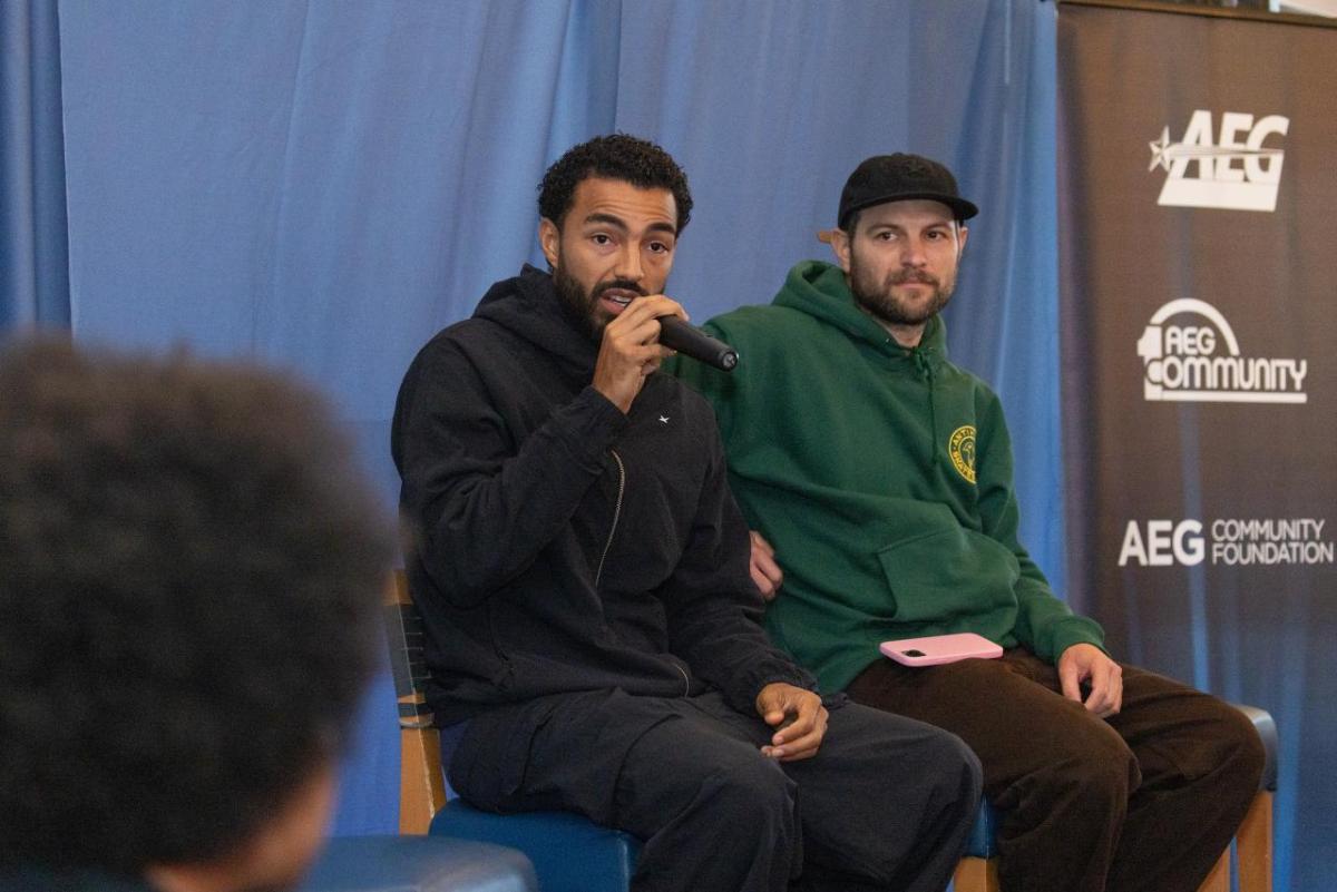 Converse CONS skate team rider Sage Elsesser, also known as the rapper Navy Blue and a featured performer at the Camp Flog Gnaw Carnival, spoke to students.