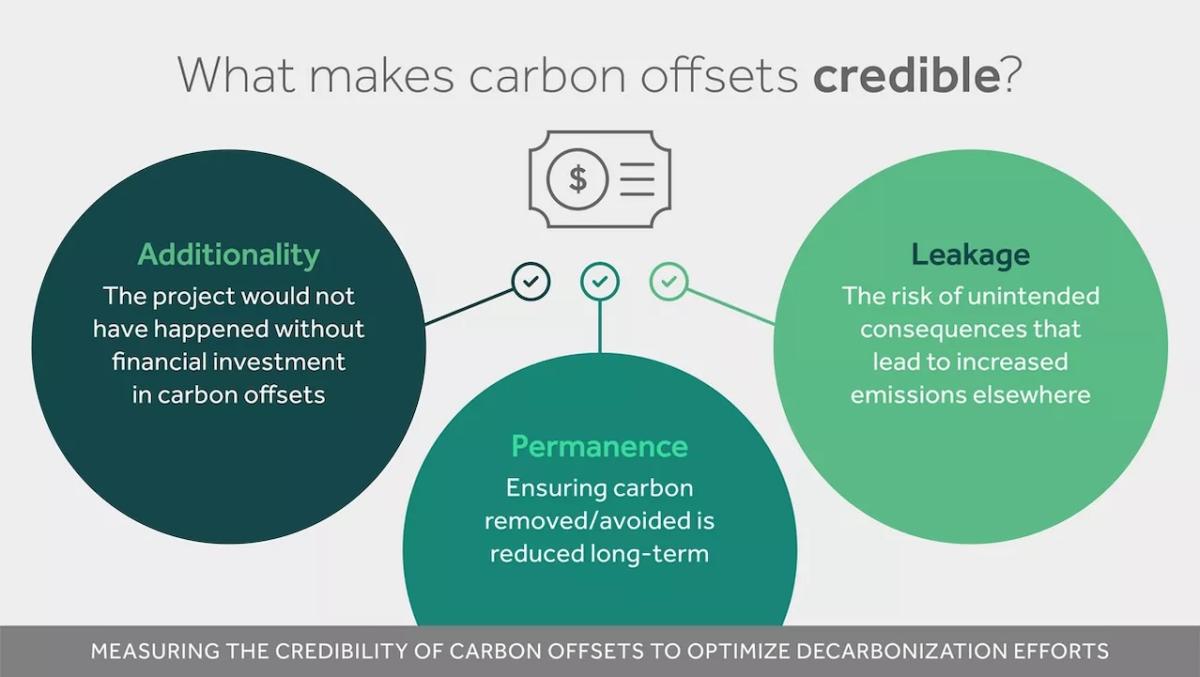Chart showing what makes carbon offsets credible: Additionality, Permanence and Leakage.