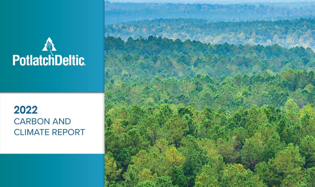 Satellite image of a forest with the text "PotlatchDeltic 2022 Carbon and Climate Report"
