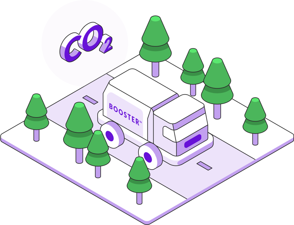 Illustration of a purple truck on the road. The term CO2 floats in the air behind. 