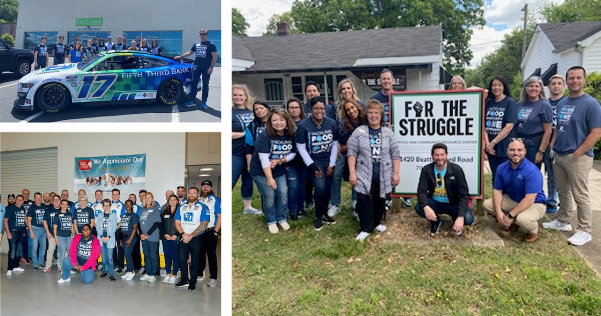 Collage of three photos of groups of volunteers in different locations.