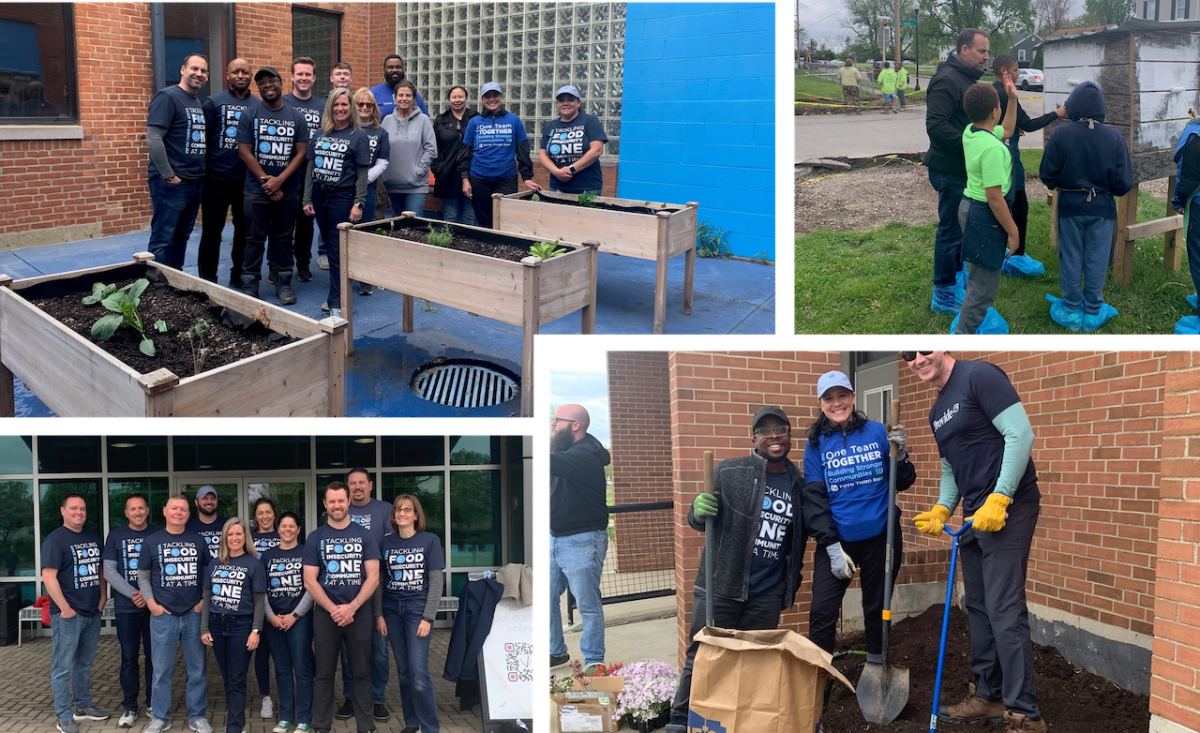 Four picture collage of volunteers in garden setting, and working with kids.