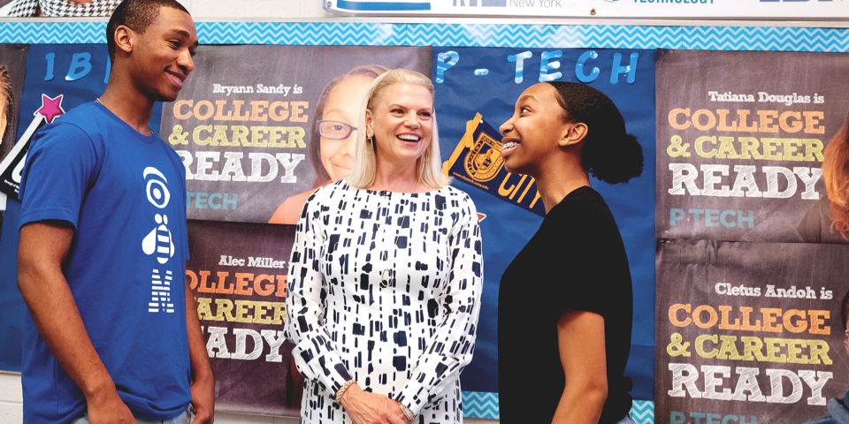 Chairman, president and CEO of IBM Ginni Rometty with 2019 Brooklyn P-TECH graduates Jordan Marcano and Aaliayh Charles at the school.