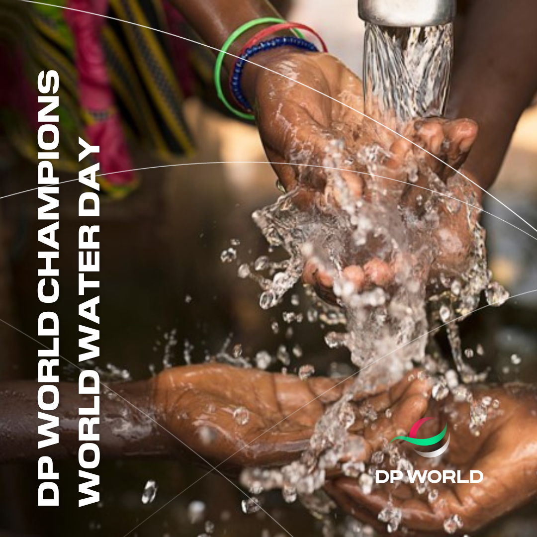 A photo of a person washing their hands with the text "DP World Champions World Water Day"